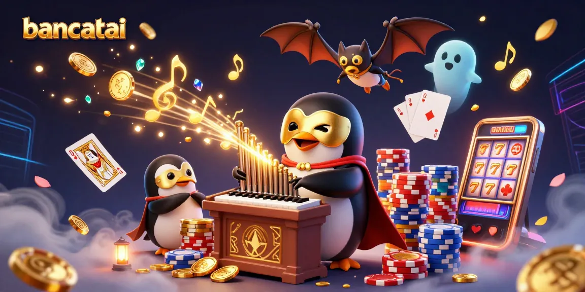 Bancatai interactive scene featuring a penguin playing an organ amidst coins and gems.