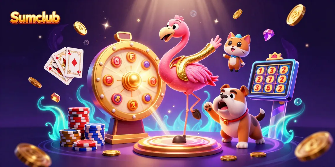 Spin the prize wheel with Sumclub's lively casino characters in this vibrant gaming scene.