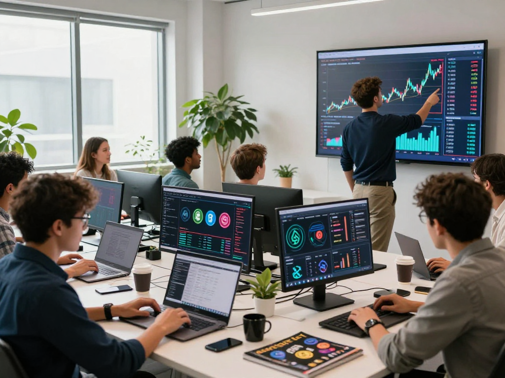 Crypto traders using kyber-swap in a collaborative office environment, analyzing digital asset performance.