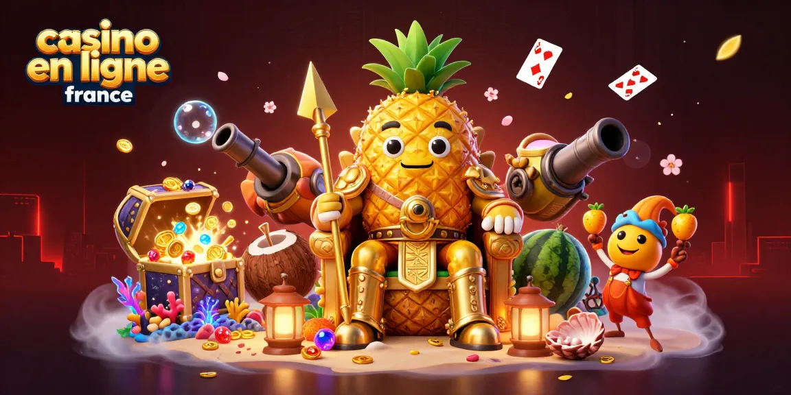 Découvrez le casino en ligne France avec une scène dynamique riche en illustrations colorées et des éléments de jeu captivants.