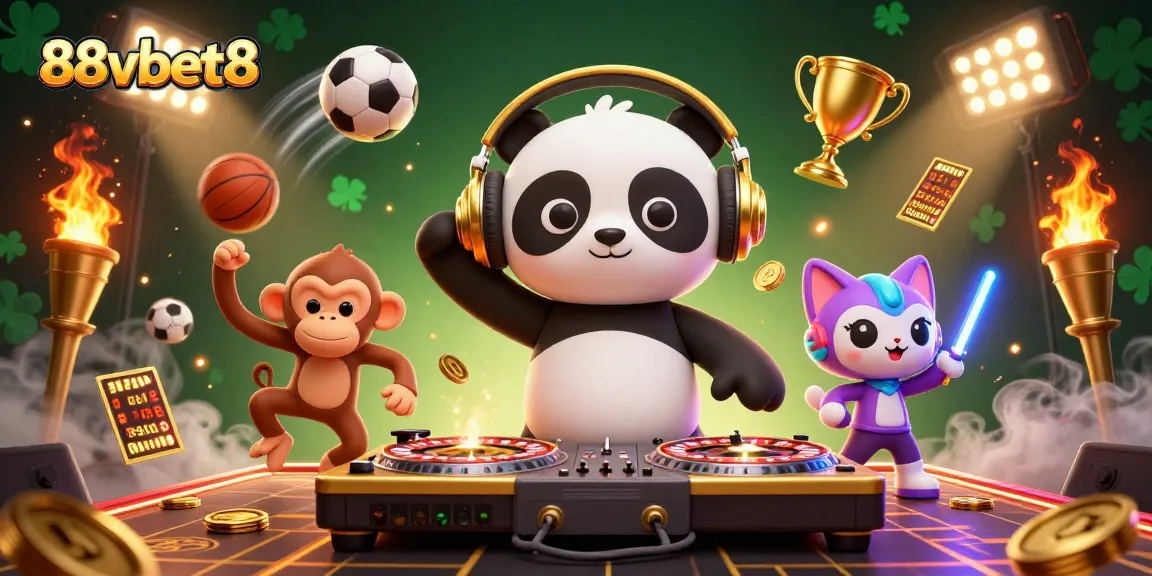 Experience thrilling bets with 88vbet8 as DJ panda spins and characters dance amidst vibrant sports elements.
