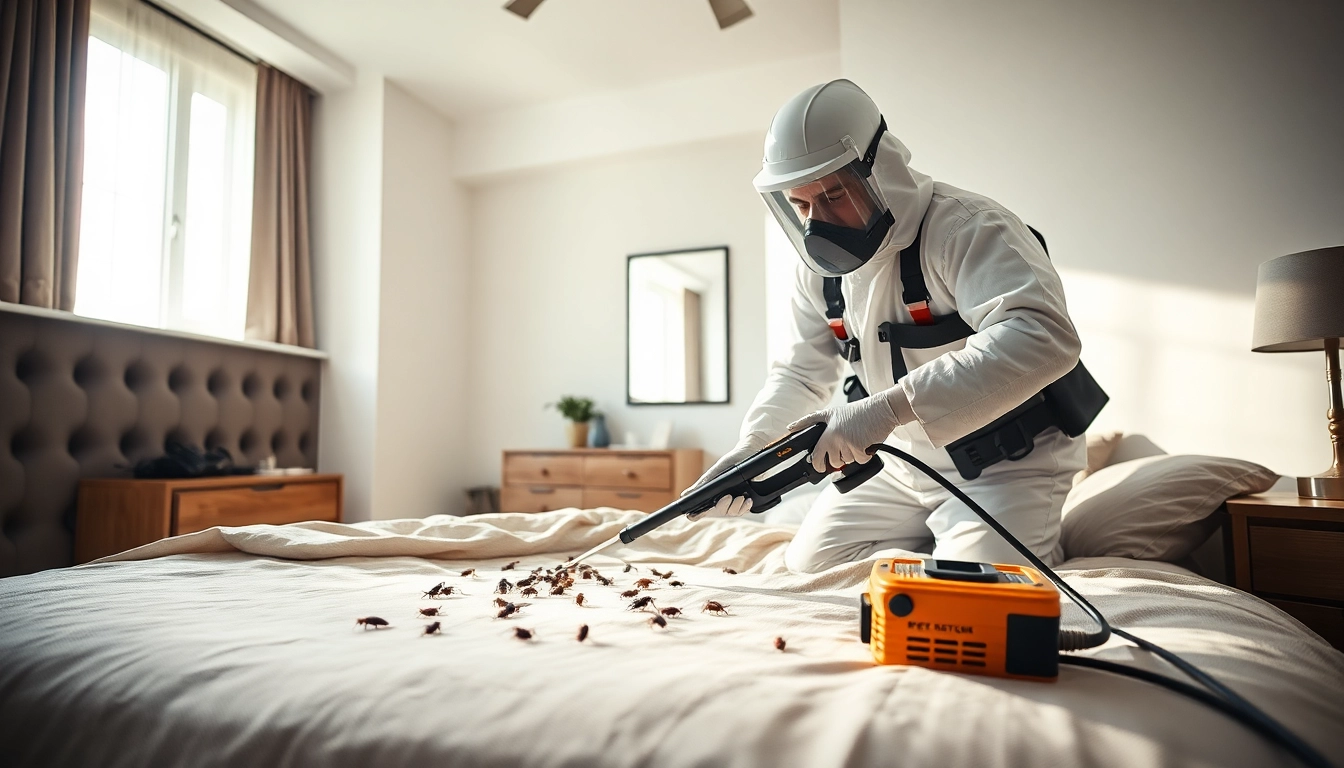 Effective bed bug pest control demonstration with a professional exterminator treating a bedroom.