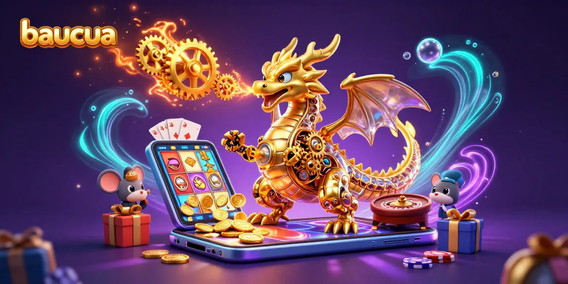 Engage with baucua, where a golden dragon breathes gears amid vibrant gambling elements.