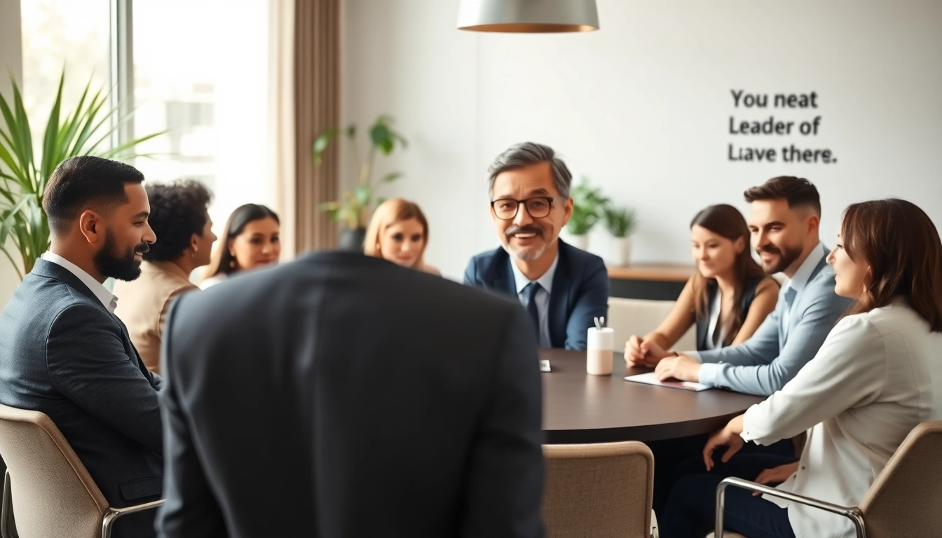 Engaging corporate executive coach California guiding a diverse group in a bright office setting.