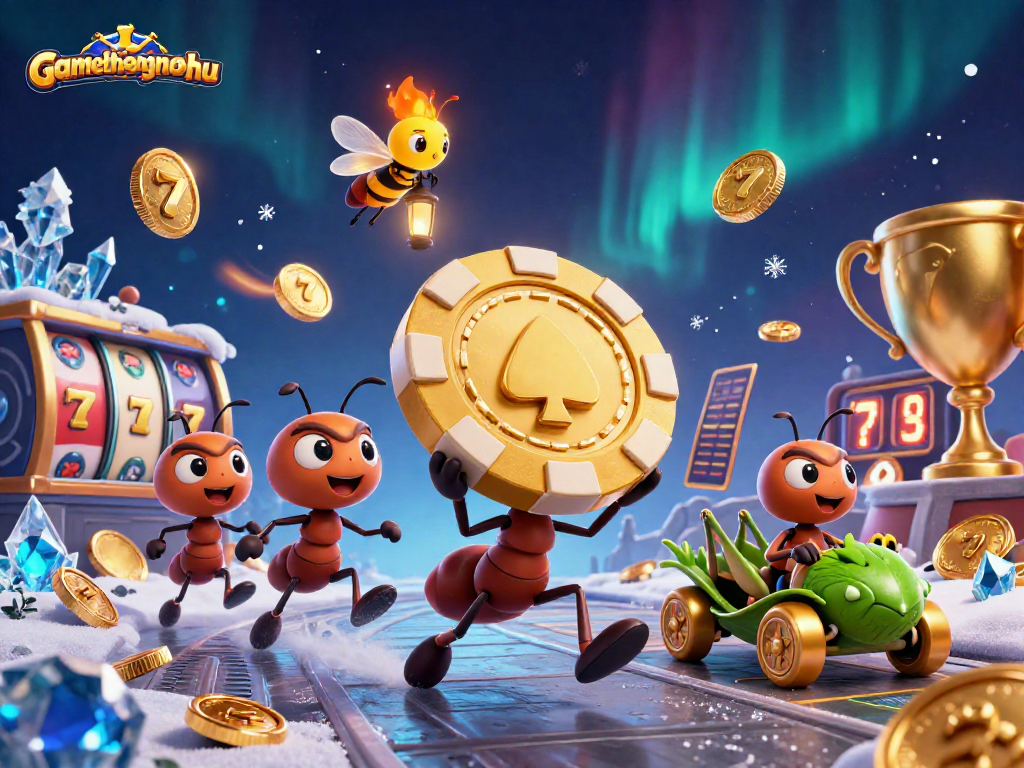 gamethuongnohu showcases a thrilling heist scene with ants and casino elements in a vibrant 3D illustration