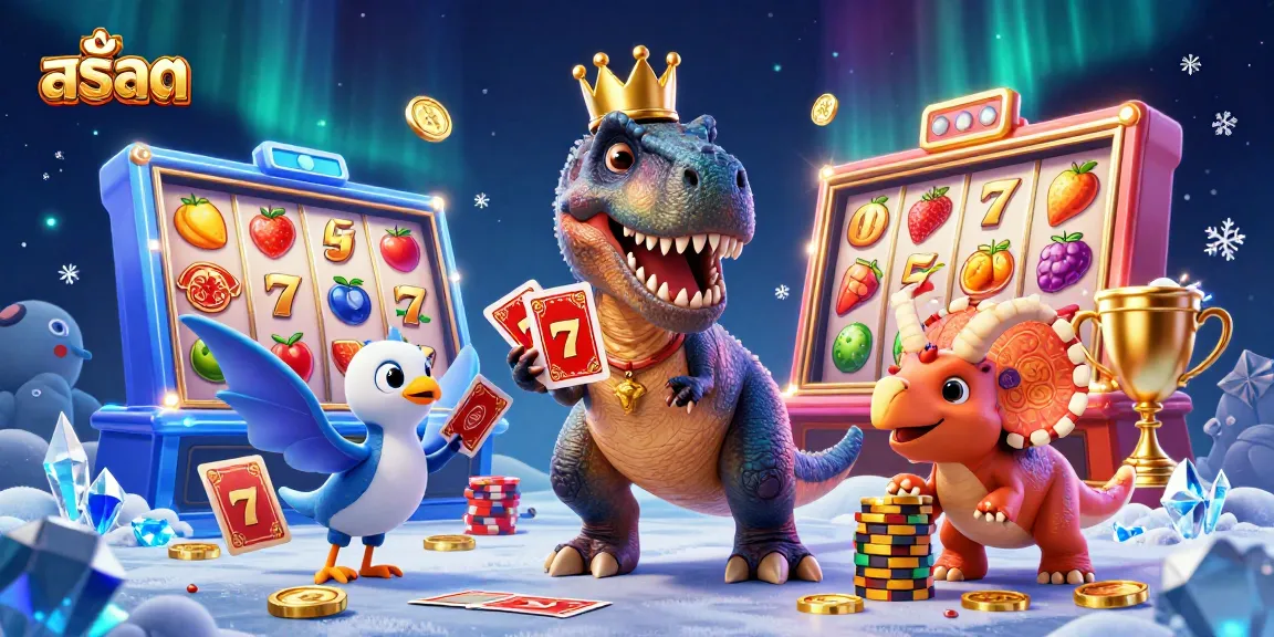 Experience thrilling สล็อต action with a lively T-Rex, pterodactyl, and triceratops creating a casino scene.