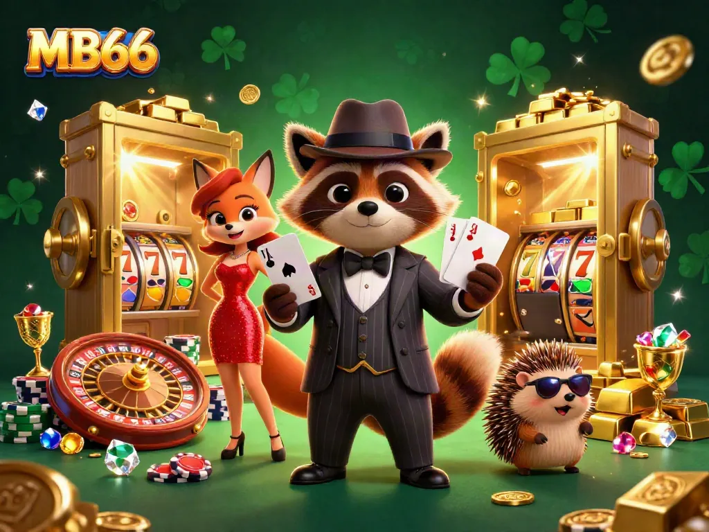 Experience the thrill of MB66 with a raccoon in a suit, a stylish fox, and a hedgehog bouncer amidst dazzling casino elements.