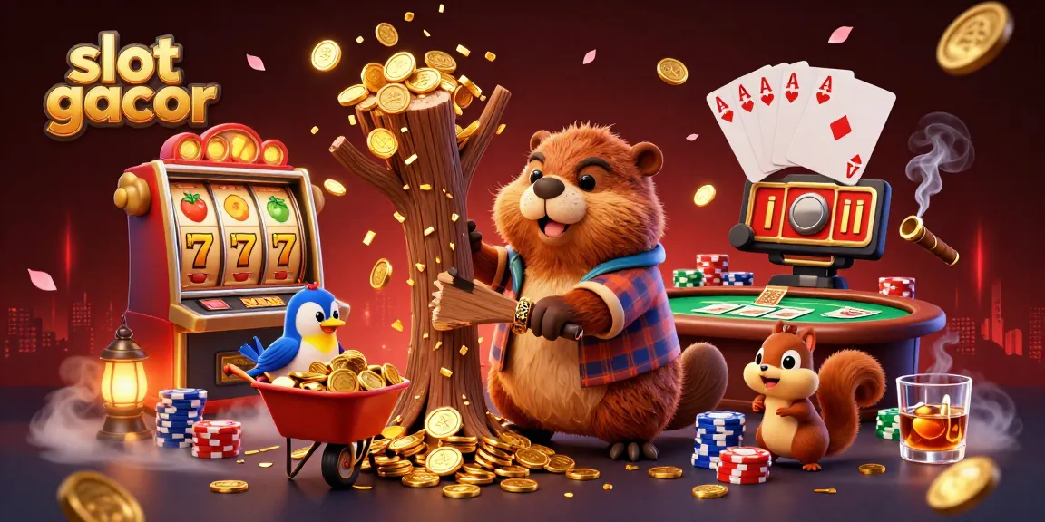Engage with slot gacor featuring vibrant characters enjoying a lively casino atmosphere filled with gold coins and slot reels.