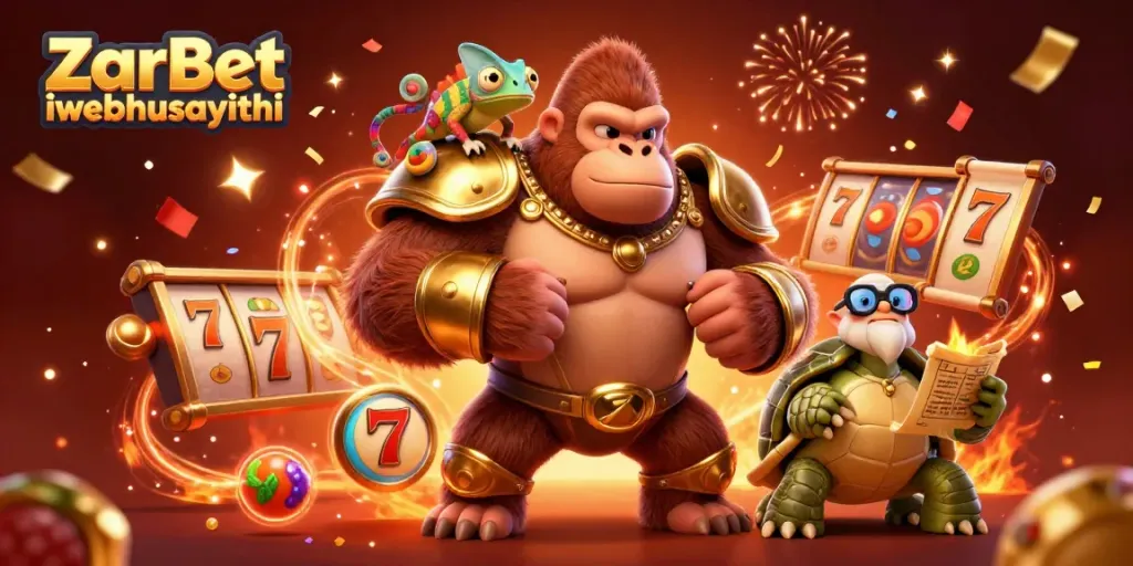 Engaging scene showcasing ZarBet iwebhusayithi with a powerful gorilla, chameleon and tortoise amidst slot machine symbols.