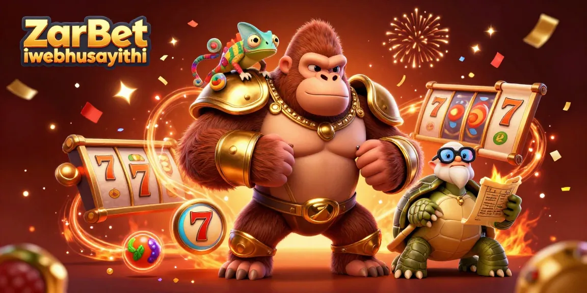 Engaging scene showcasing ZarBet iwebhusayithi with a powerful gorilla, chameleon and tortoise amidst slot machine symbols.