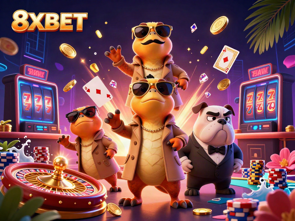 Experience exciting gaming at 8XBET with raptors trying to enter a VIP casino lounge.