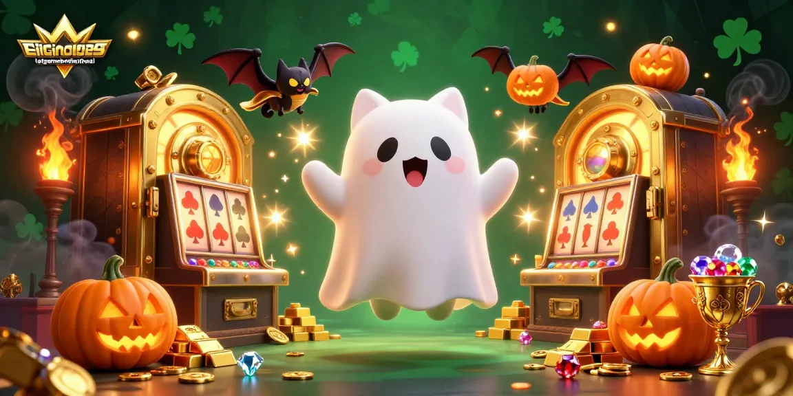 Experience the vibrant taigamebaidienthoai scene with a friendly ghost cat and bat companion amid glowing treasures.