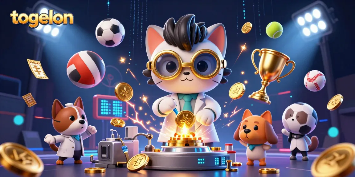 Engage in thrilling sports betting action with togelon as a cartoon scientist creates winning strategies amidst sports excitement.