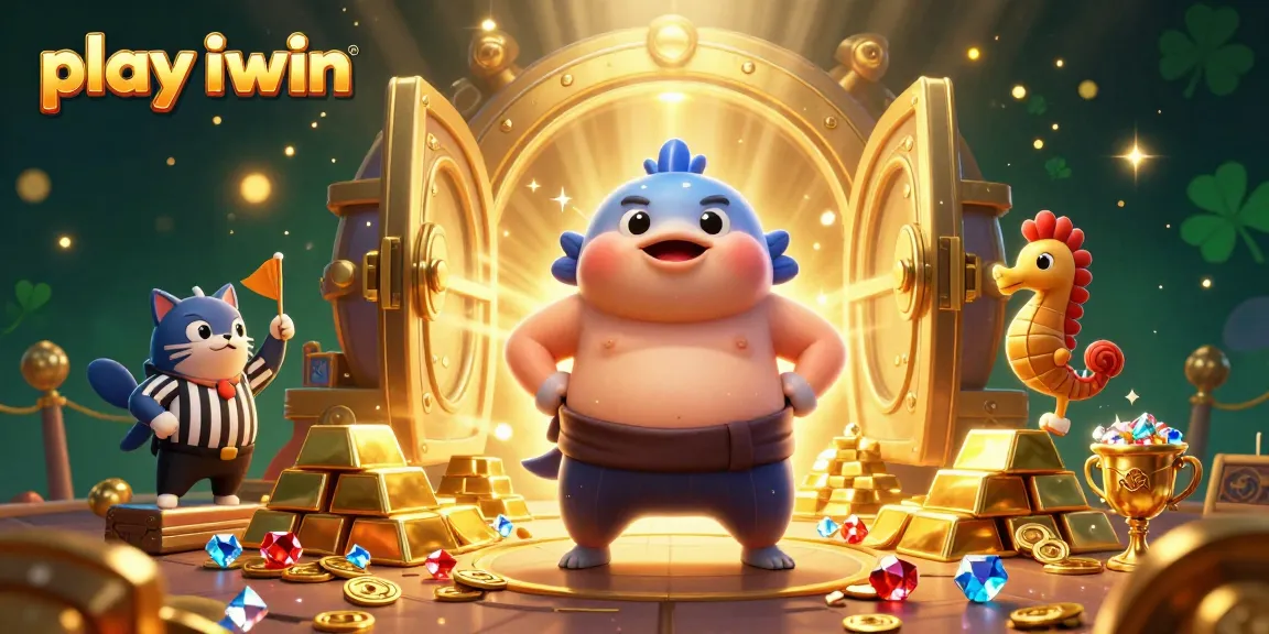 Play iwin in a dynamic casino scene featuring a lively fugu character and vibrant gold treasures.