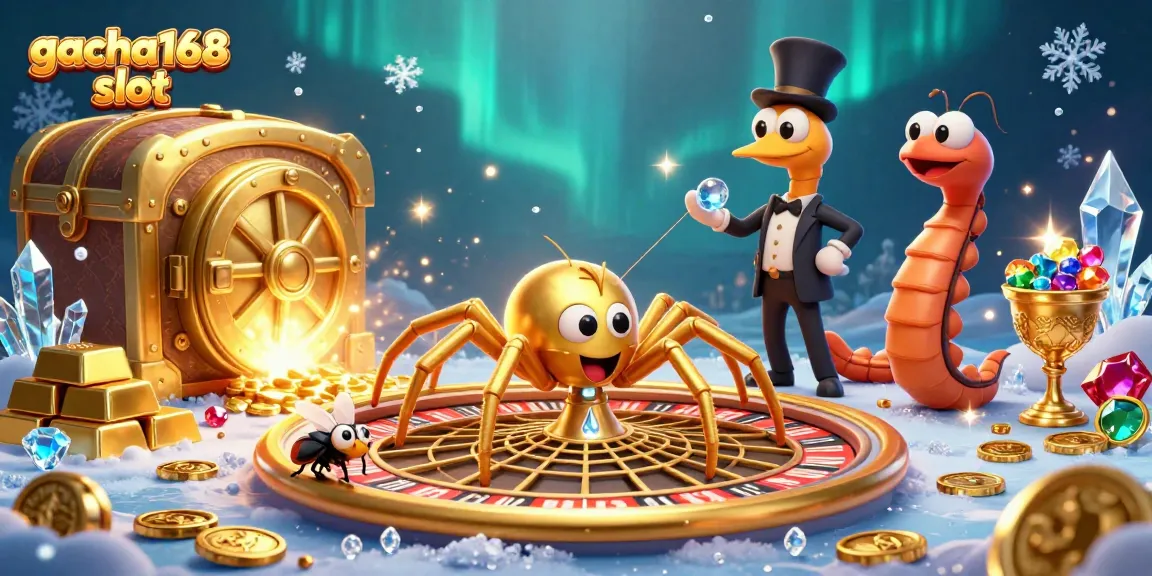 Bet on the gacha168 slot with a golden spider spinning a roulette web for a thrilling casino experience.