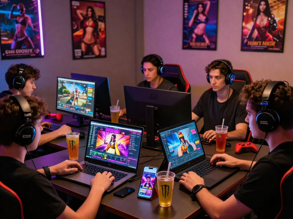 Exciting scene of players engaged in thrilling porn game gameplay across multiple devices in a vibrant gaming setup.