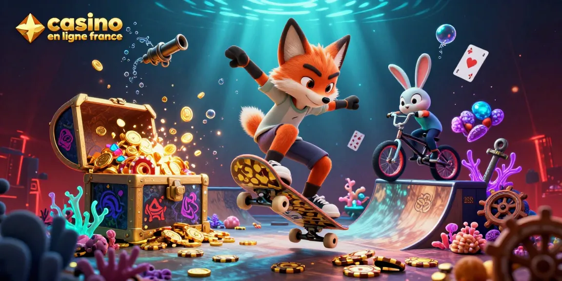 Jouer au casino en ligne en France avec le joueur de skateboard fox et le lapin BMX au milieu des jetons en or.
