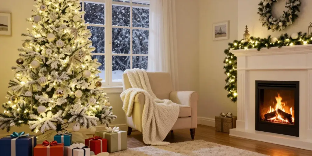 Elegant living room with a christmas tree with white decorations, cozy atmosphere and festive details.