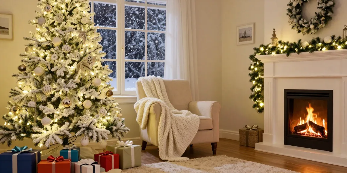Elegant living room with a christmas tree with white decorations, cozy atmosphere and festive details.