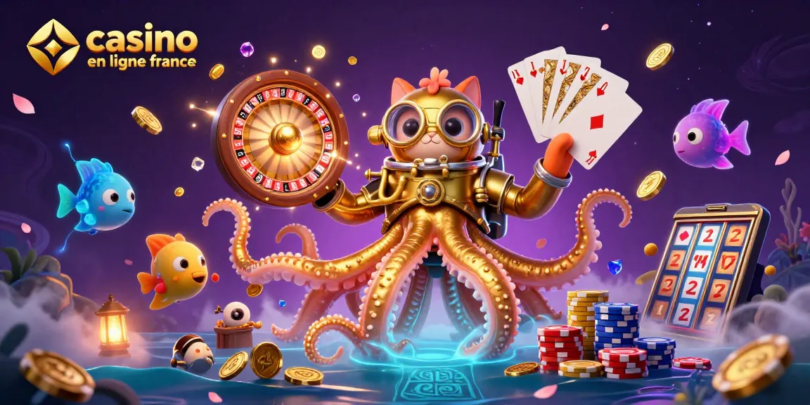 Plongez dans l'univers du casino en ligne France avec un kraken et des pièces dorées.