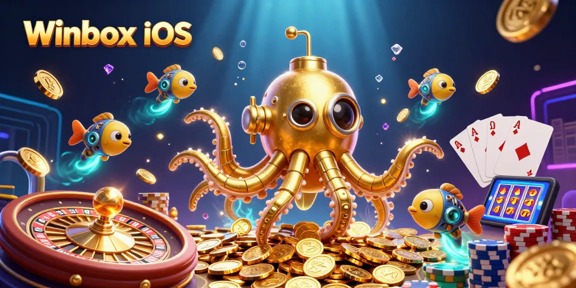 Winbox iOS features a golden kraken submarine surfacing through coins, with dynamic gaming elements surrounding it.