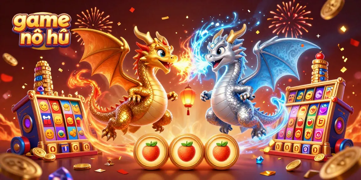 Engage in game nổ hũ with thrilling visuals of two dragons unleashing fire and ice in a vibrant casino setting.