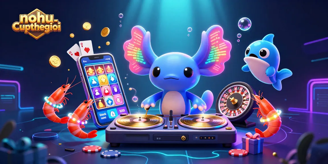 Nohu-cupthegioi showcases vibrant casino energy with cartoon characters celebrating winning reels.