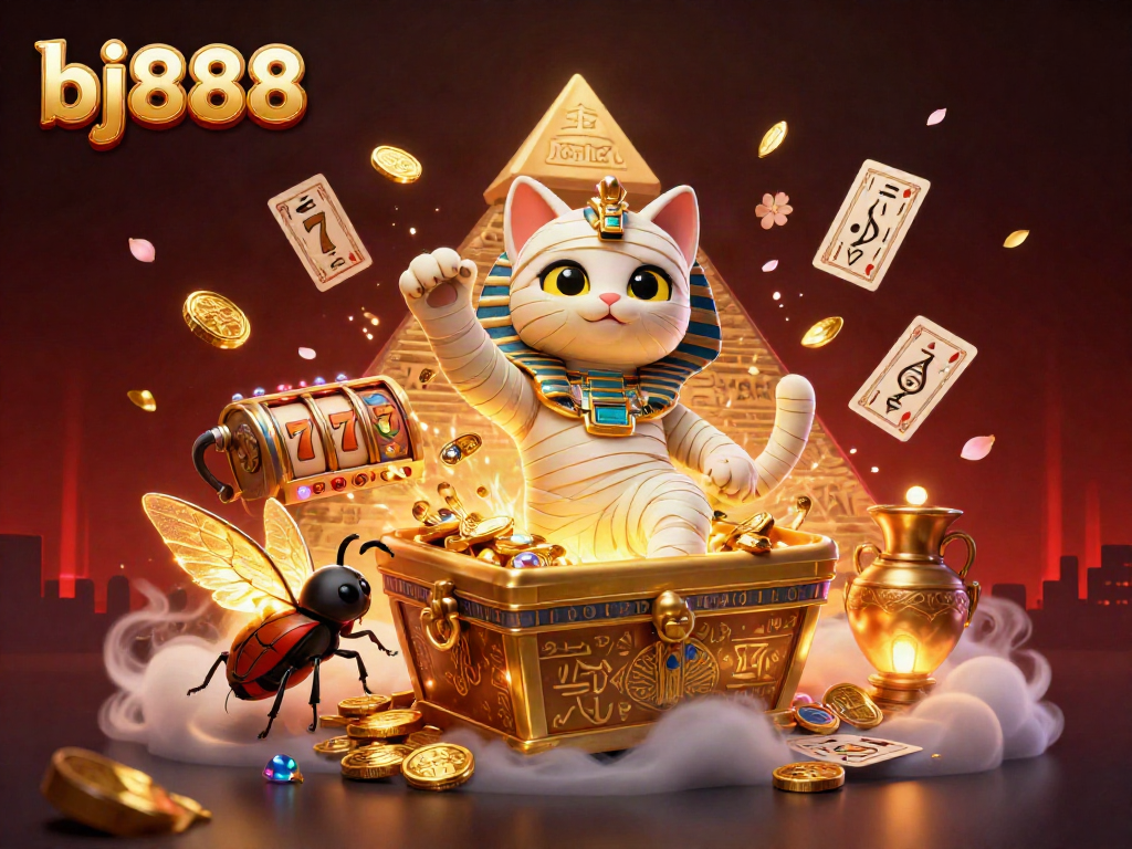 Experience the thrill of bj888 with a fantastical Egyptian mummy cat in a vibrant pyramid casino.