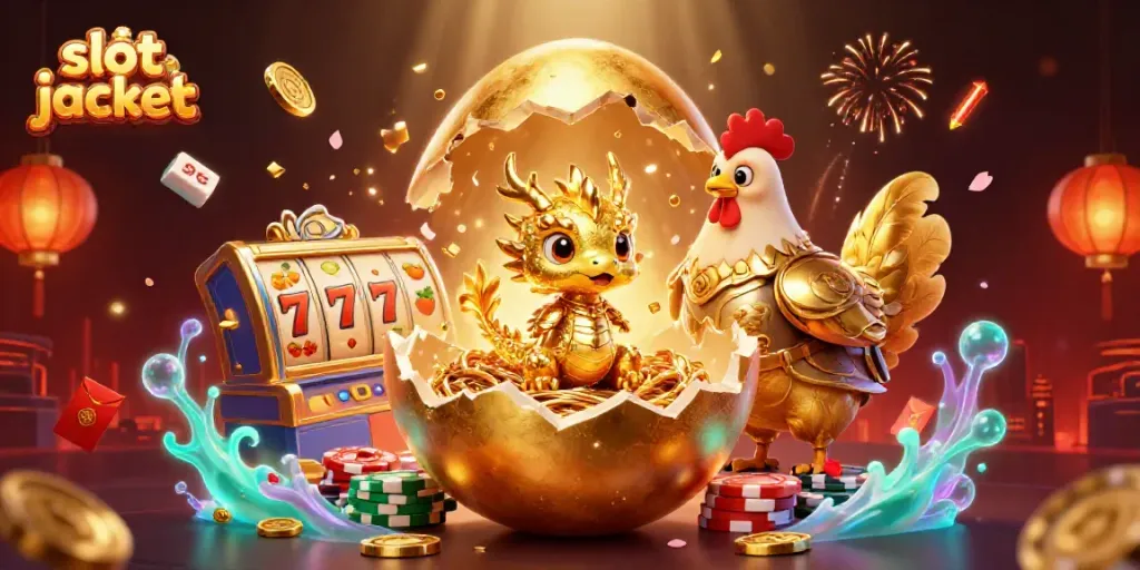 Memenangkan slot jackpot dengan ilustrasi naga emas dan telur besar, pajangan kasino berwarna emas.