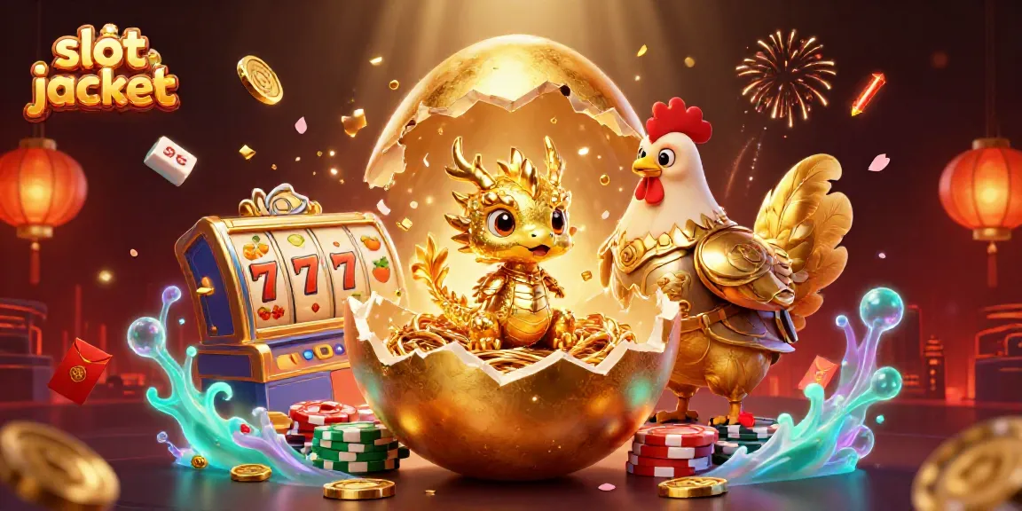 Memenangkan slot jackpot dengan ilustrasi naga emas dan telur besar, pajangan kasino berwarna emas.
