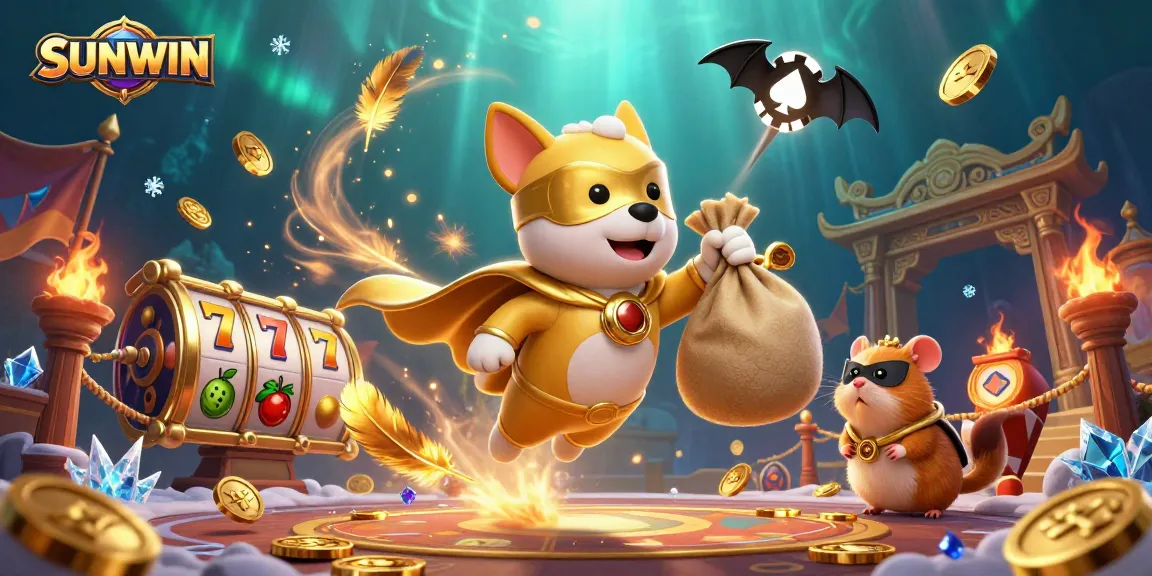 SUNWIN's vibrant 3D casino scene features a superhero dog and hamster amidst dynamic slot game elements.