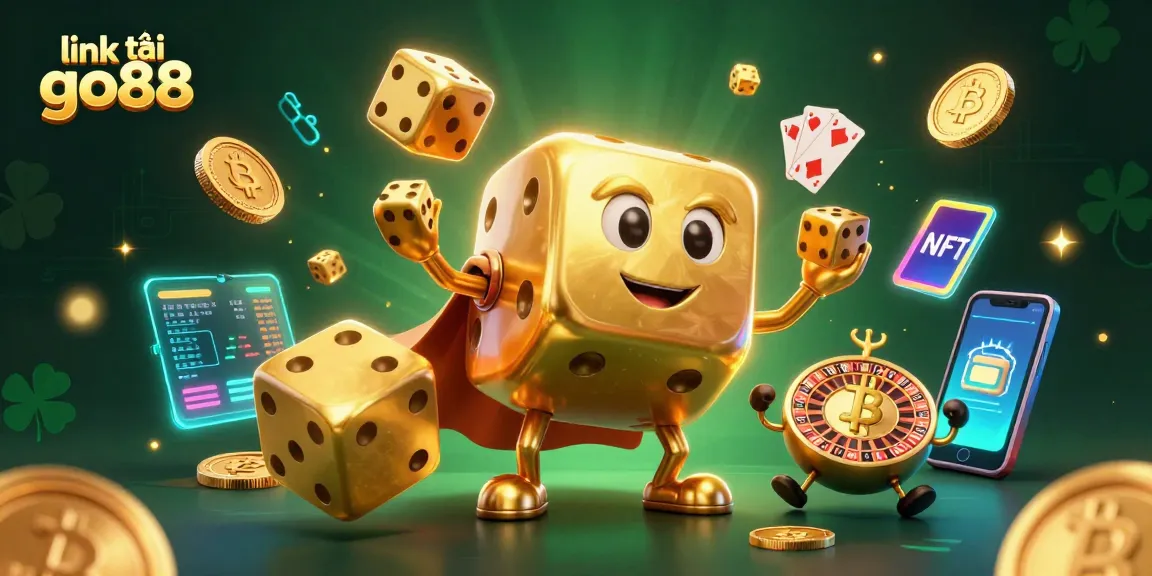Engage with link tải go88 as a vibrant 3D casino scene featuring golden dice and crypto elements.
