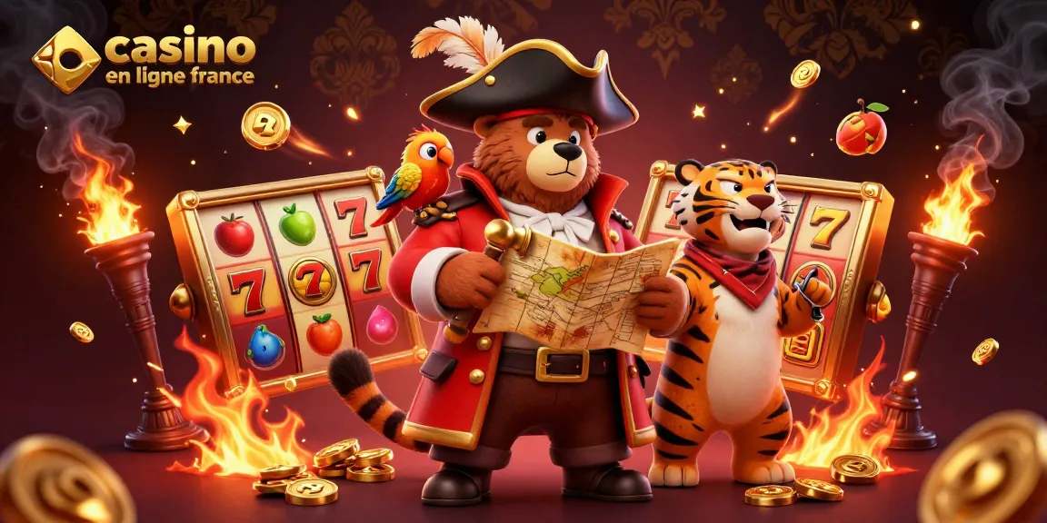 Jeux captivants au casino en ligne France avec un ours pirate, un tigre et des symboles de jackpot.