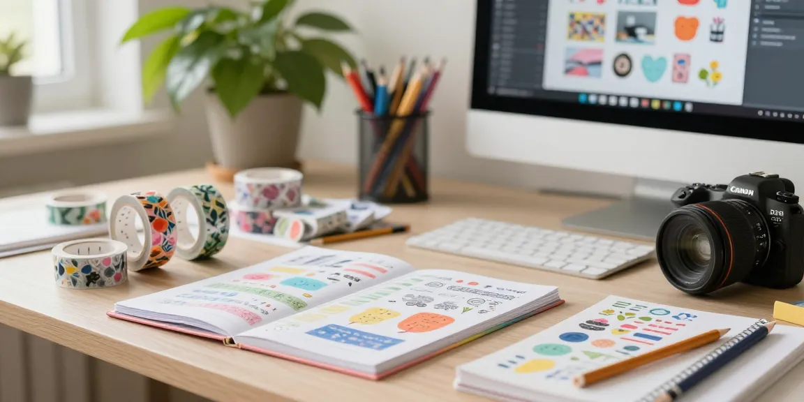 Designer creating custom washi tape in a vibrant workspace filled with colourful designs and natural light.