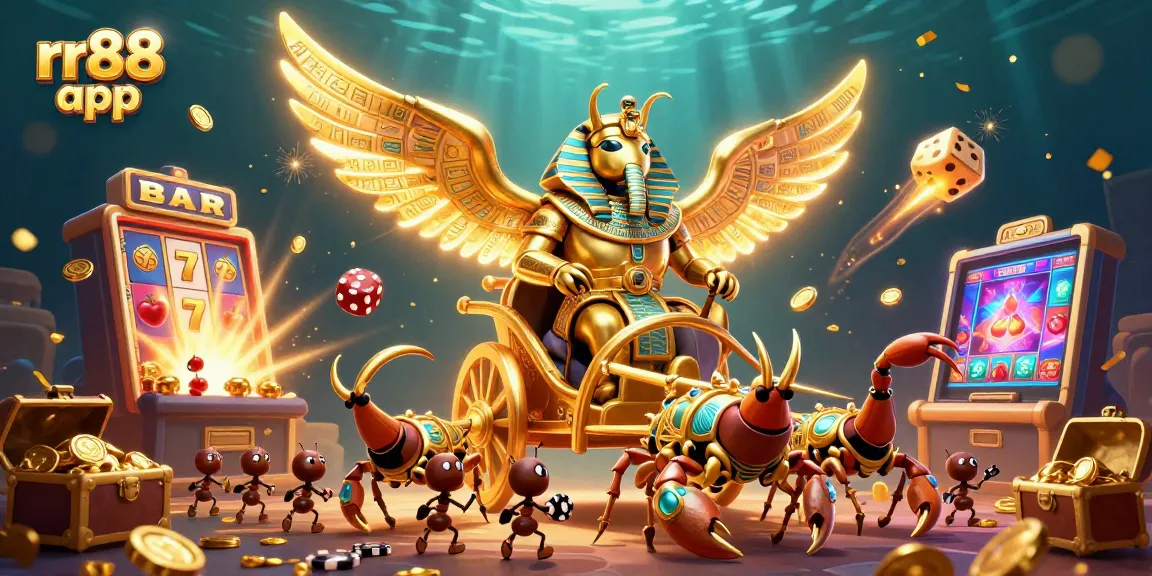 Experience the thrilling rr88 app with a dynamic 3D illustration showcasing a golden scarab beetle and casino elements.