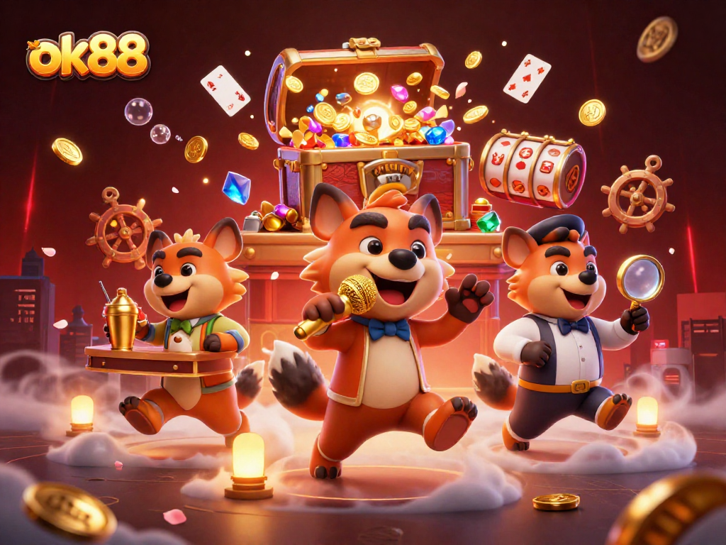 Enjoy thrilling games at ok88 with a vibrant casino scene featuring hyenas in action!