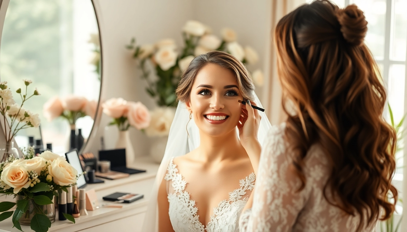 Experience On-location bridal beauty Dallas with a professional artist applying makeup to a smiling bride in a floral setting.