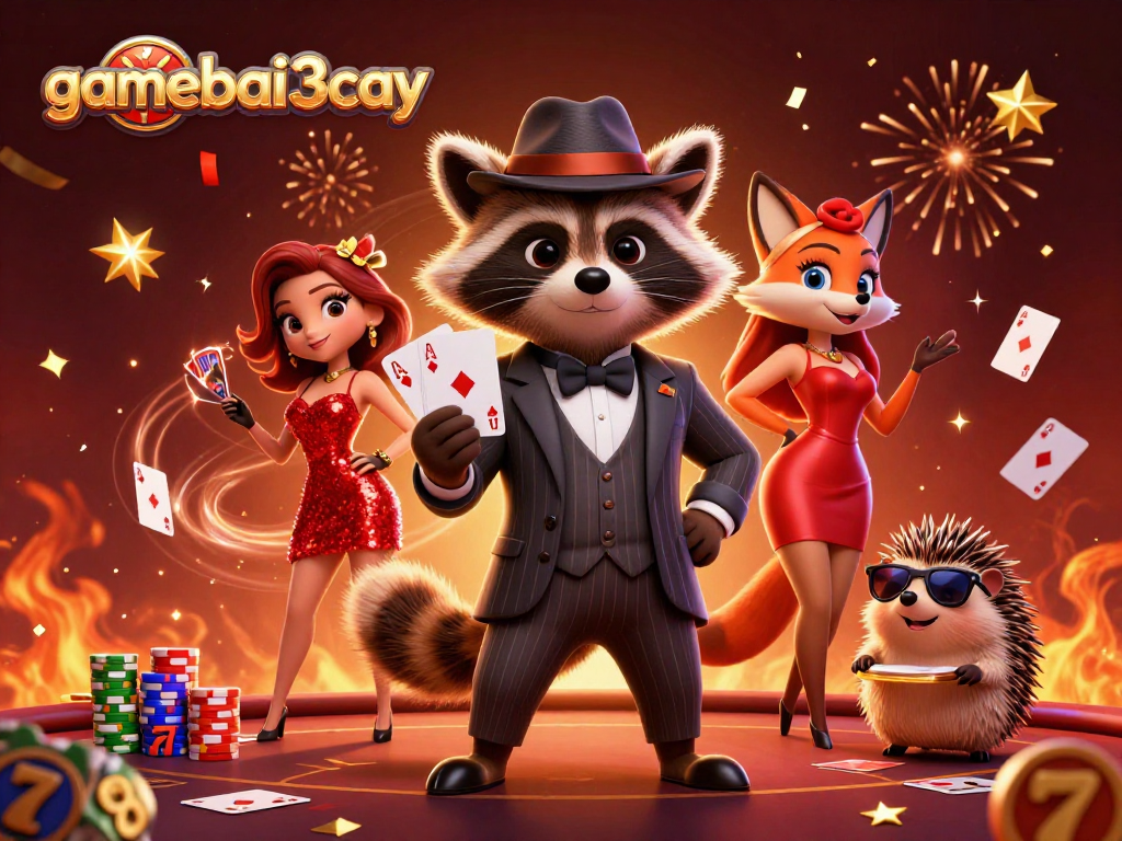 Engage with gamebai3cay while enjoying a lively casino scene with charismatic characters and vibrant elements.
