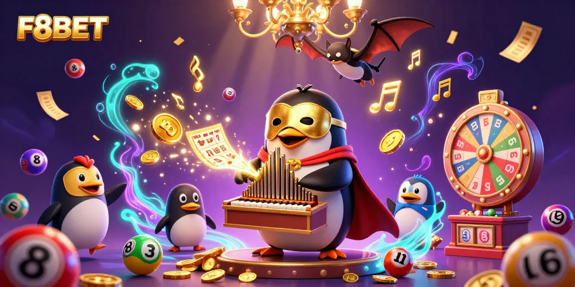 Experience the thrill of F8BET with a lively scene featuring a penguin and bat in a casino.