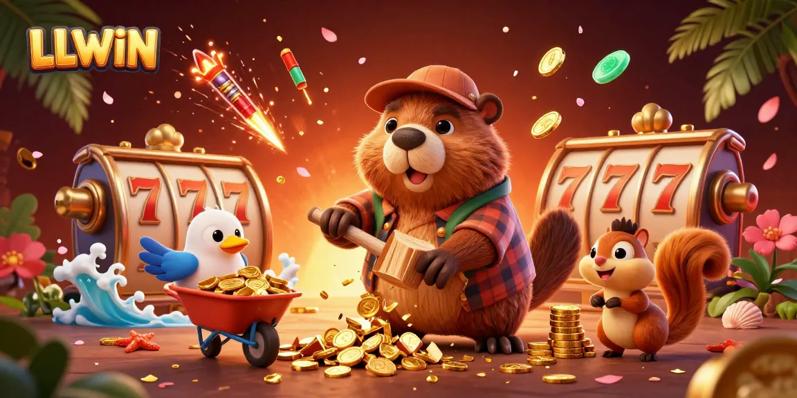 LLWIN offers engaging slots with a cartoon beaver collecting coins in a lively casino scene.