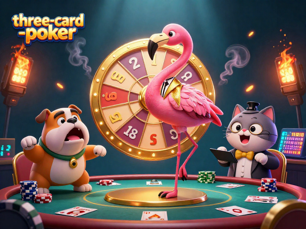 Play three-card-poker with vibrant characters celebrating wins at a dynamic casino scene.