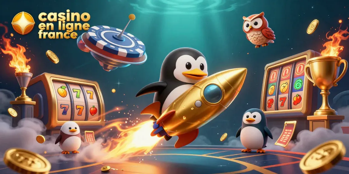 Rejoignez le fun avec casino en ligne france : illustration d'un pingouin doré surfusé à travers l'espace.