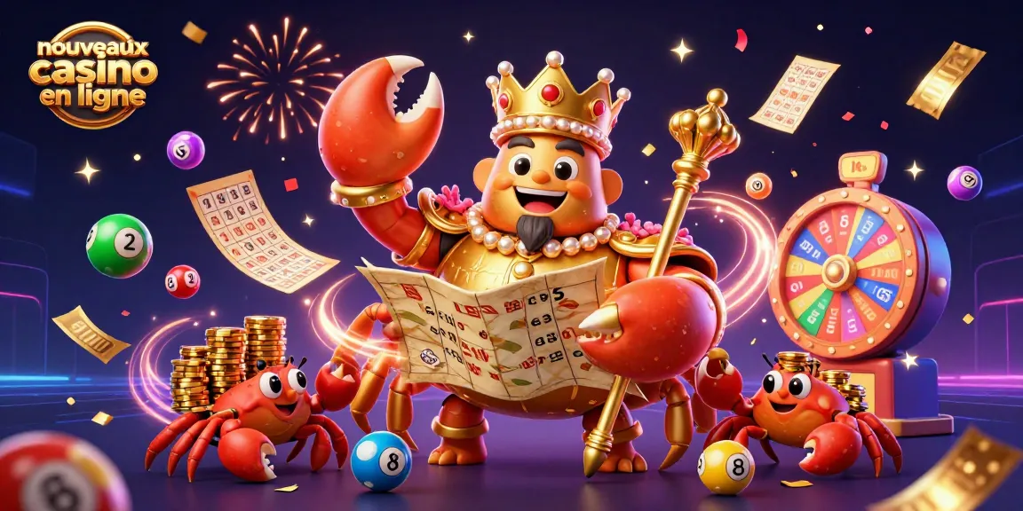 Dévoilez les nouveaux casinos en ligne avec une scène vibrante avec des boules de loto et des jetons d'or.