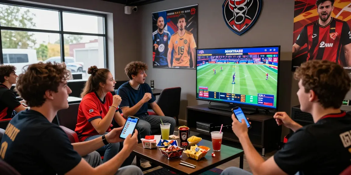 Exciting MANTRA88 gaming lounge scene with friends watching live sports betting.