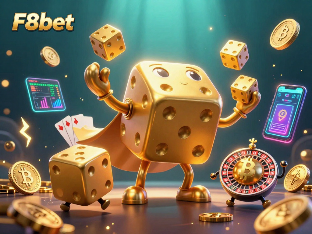 Win big with F8bet at this lively digital casino illustration showcasing golden dice and cryptocurrency.