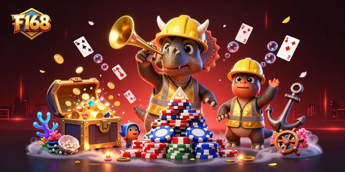 Experience thrilling F168 gaming excitement with cartoon dinosaurs celebrating amidst a dynamic casino scene.