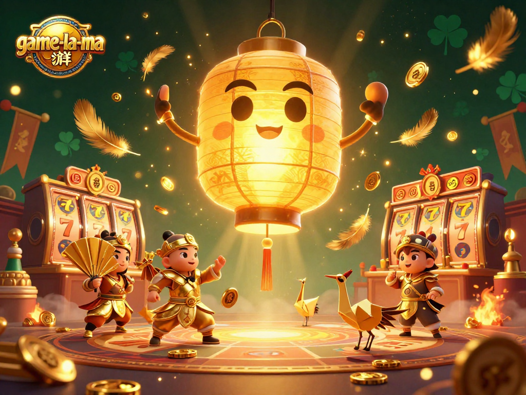 Engage with game-la-ma's thrilling casino atmosphere featuring a glowing lantern spirit and dynamic slot motifs.