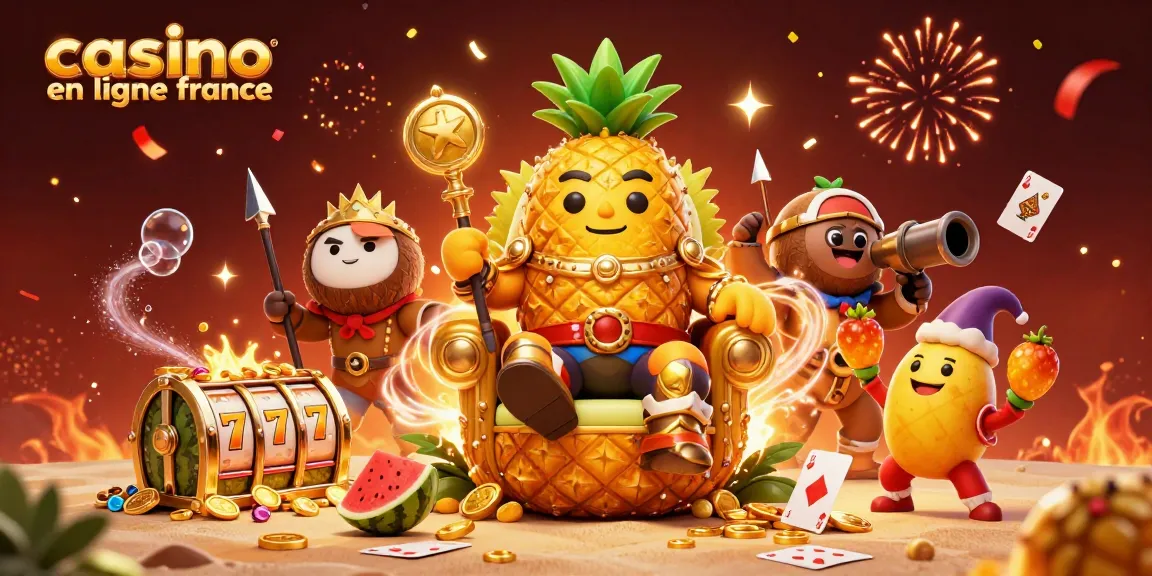 Profitez de l'expérience de jeu ultime avec casino en ligne france, illustrant le roi ananas jouant dans un casino.