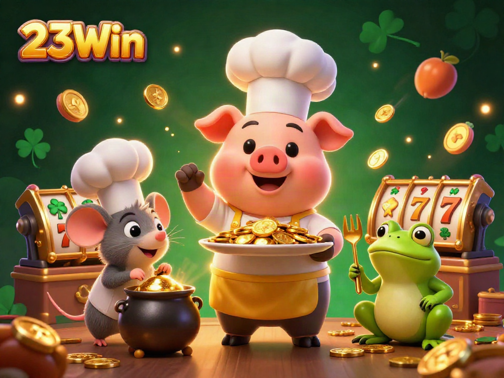 Engage with 23Win's vibrant casino scene featuring gourmet gold offerings and exciting slot reels.