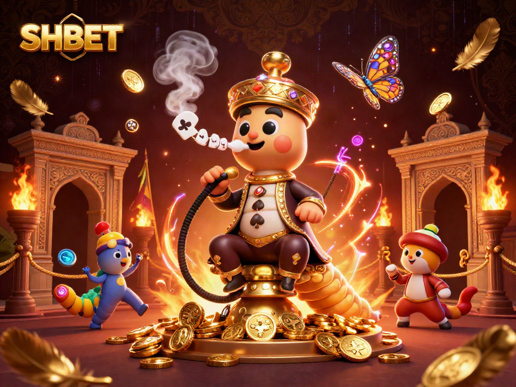 SHBET gaming scene featuring a sultan caterpillar and poker symbolism amidst a rich casino backdrop.